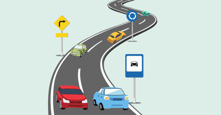 Winding highway with colorful cars and signs: a right-turn warning, a roundabout sign, and a blue car-icon sign.