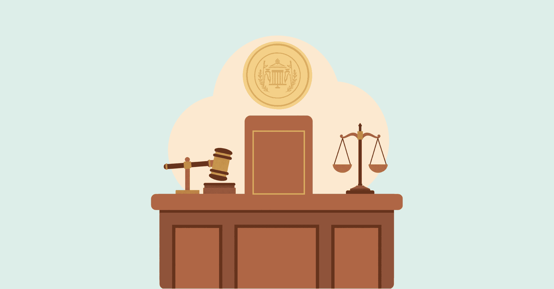 Judicial desk with a gavel, scales of justice, and a large book, symbolizing law and fairness.
