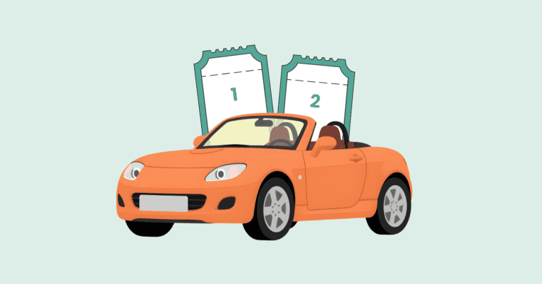 Orange convertible with two large tickets standing upright behind the windshield, in a playful illustration.