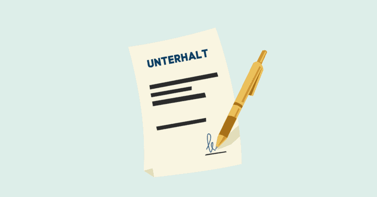 Beige document labeled 'UNTERRHALT' being signed with a gold pen on a pale blue background.