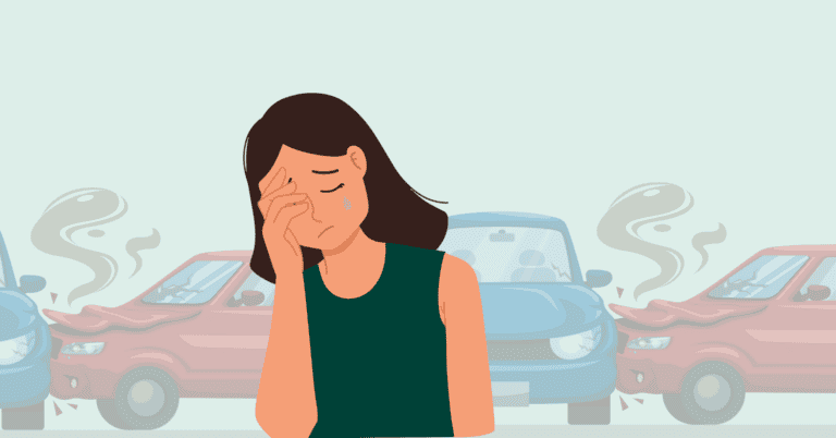 Woman touches her forehead in distress as a three-car crash with smoke and debris behind her in an illustration.