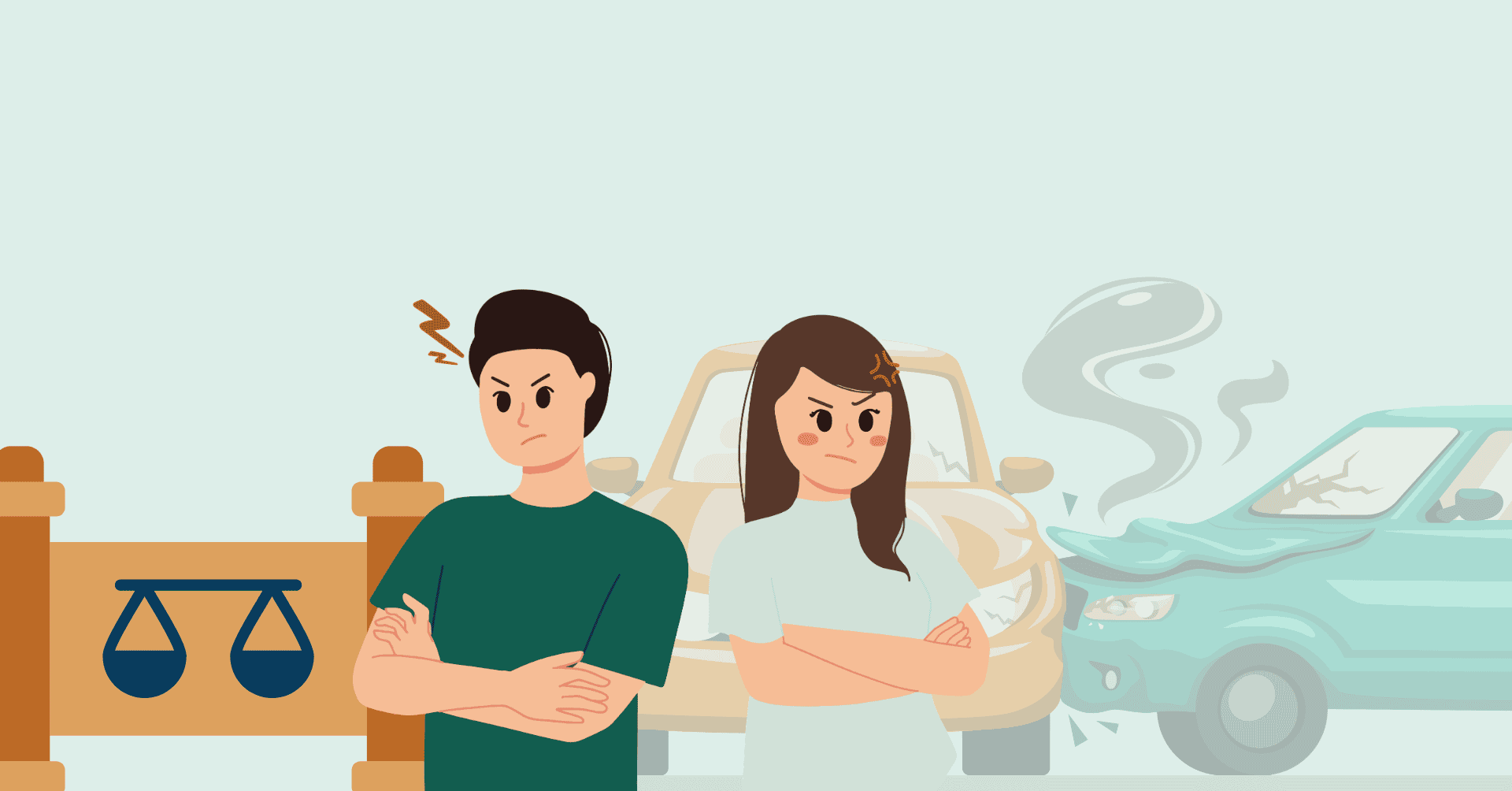 Two upset adults with folded arms stand in front of a crashed car after a collision, looking angry and tense.