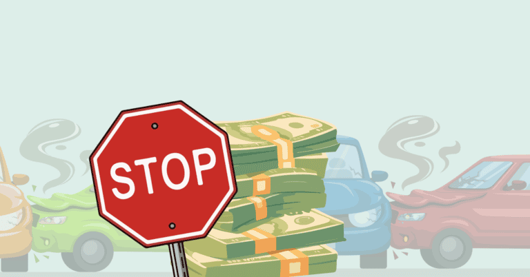 Stop sign in the foreground with large bundles of cash and smoking crashed cars in the background, conveying a warning about financial crime or accident risk on the road.