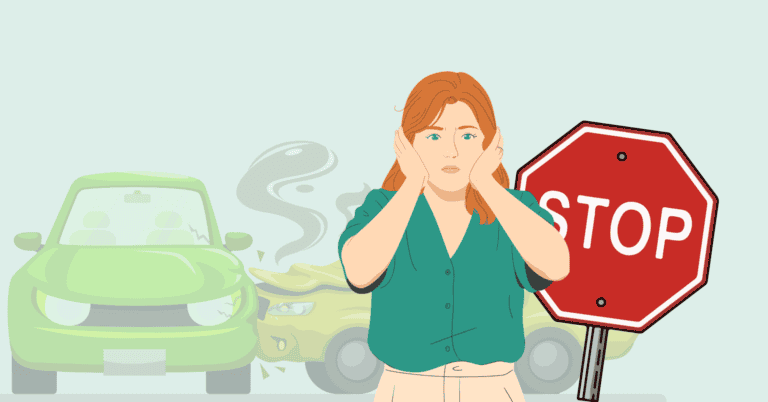 Distressed woman with hands on her cheeks stands beside a smoking, crashed car and a large stop sign in a road accident scene