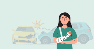 Woman with a arm in a cast stands with crossed arms in front of a two-car crash scene behind her