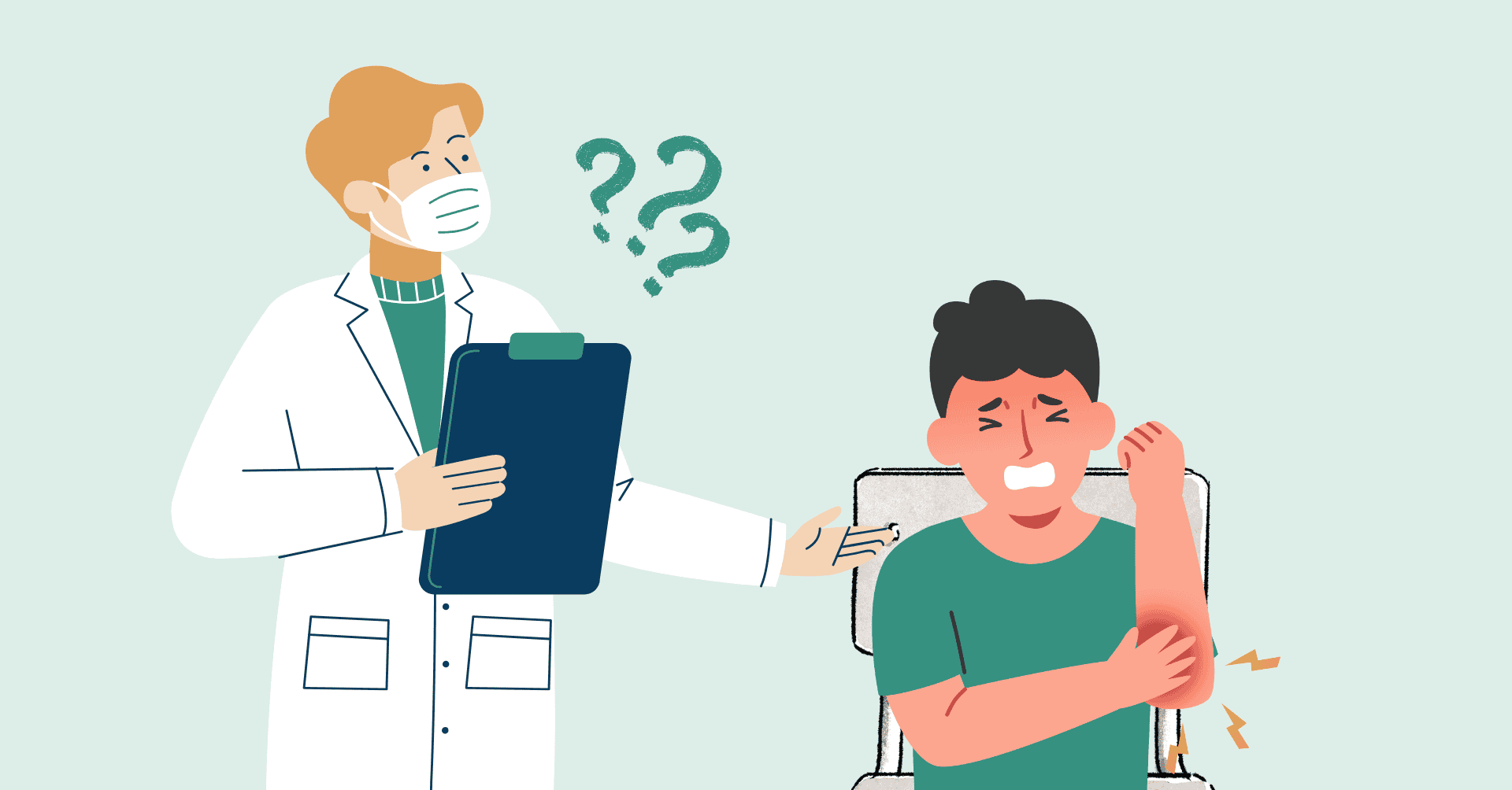 Doctor in white coat and mask holding a clipboard, consulting a patient who is holding and wincing at his sore arm.